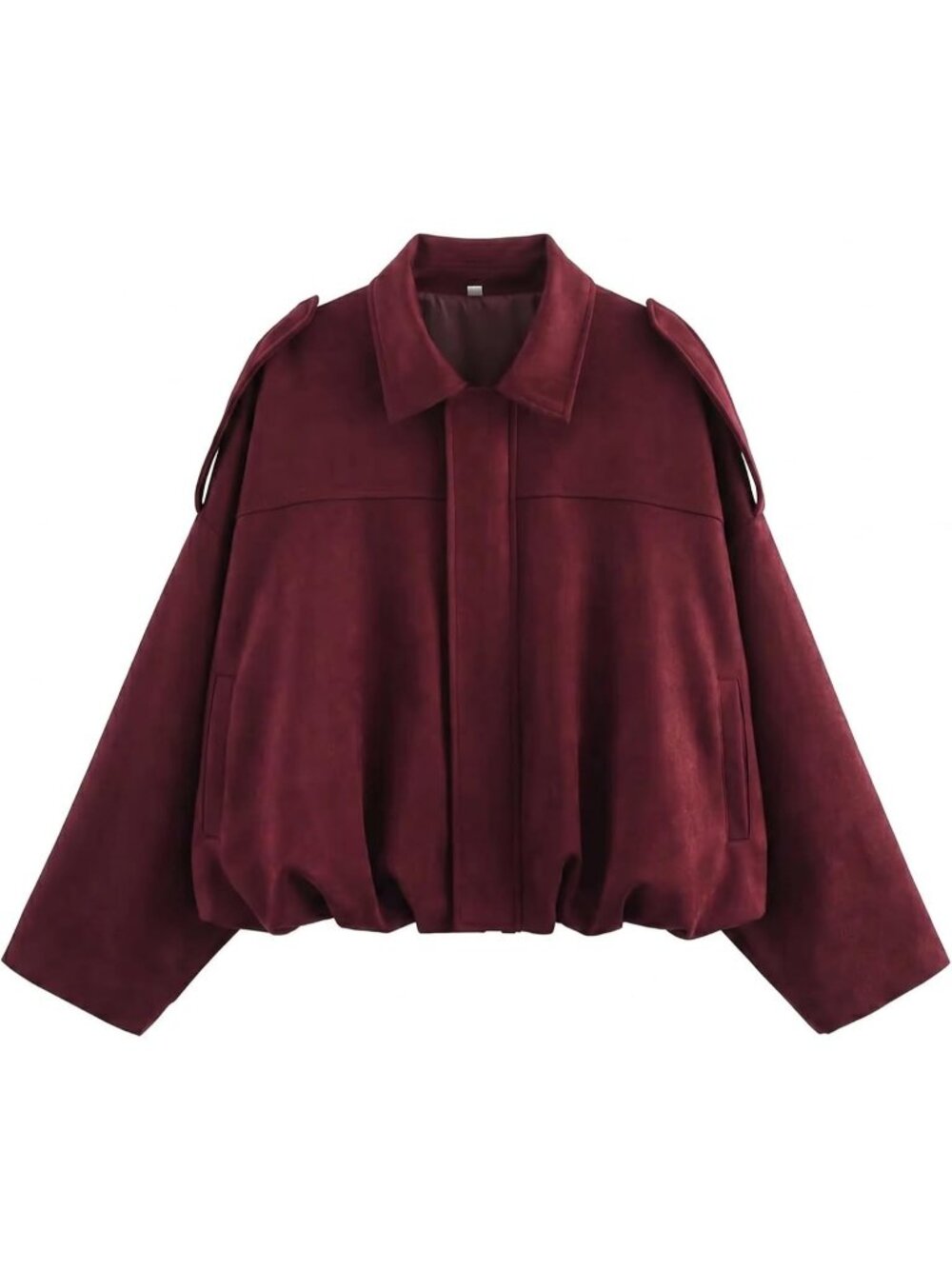Women's Red Pocket Faux Suede Bomber Jacket Oversized Crop Fall Winter Coat